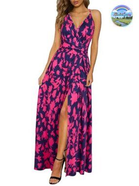 Women's Lightweight Flowy V Neck Split Maxi Dress Sleeveless Beach Vacation